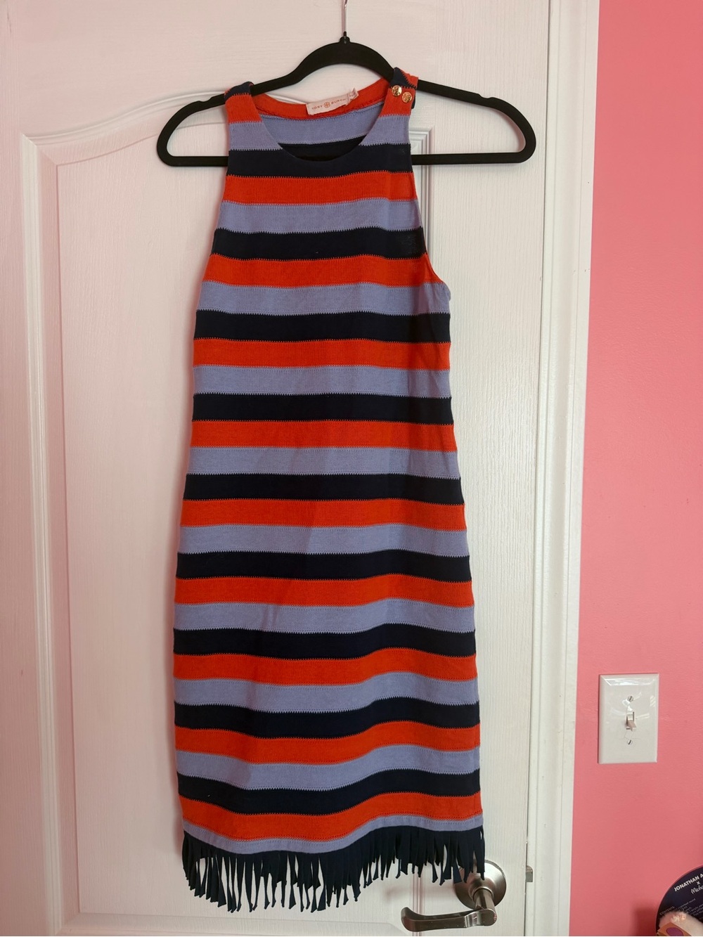 Tory Burch Striped Sleeveless Fringe Hem Dress in Red, Navy & Lavender